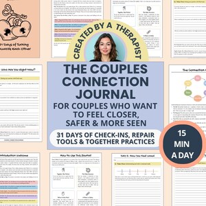 Puede incluir: Un diario titulado "The Couples Connection Journal" con el texto "Para parejas que quieren sentirse más cerca, más seguras y más vistas." Incluye 31 días de check-ins, herramientas de reparación y prácticas conjuntas.