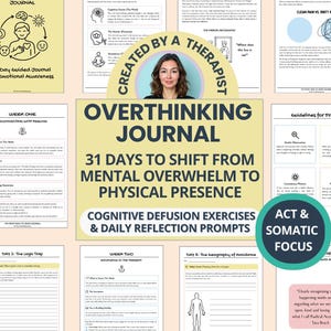 Può includere: Un "Diario del Pensiero Eccessivo" con il testo "31 giorni per passare dal sovraccarico mentale alla presenza fisica". Il diario include esercizi di defusione cognitiva e spunti di riflessione quotidiani. "Creato da un terapista."