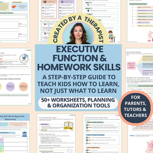 Folhas de exercícios sobre funções executivas para pais e orientadores escolares: técnicas de estudo para TDAH, gestão do tempo (PDF)