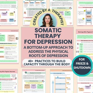 Könnte beinhalten: Eine Sammlung von Informationspostern in Rosa und Weiß, die sich mit somatischer Therapie bei Depressionen befassen. Der Text lautet: „Somatische Therapie bei Depressionen“. Das Bild enthält auch den Satz „Erstellt von einem Therapeuten“.