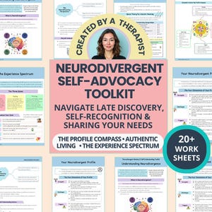 Puede incluir: Un conjunto de hojas de trabajo imprimibles titulado "Neurodivergent Self-Advocacy Toolkit". La portada rosa y blanca presenta el texto "Navigate Late Discovery, Self-Recognition & Sharing Your Needs". La imagen incluye más de 20 hojas de trabajo.