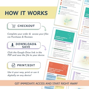 May include: A digital download product with instructions on how to access and use the files. The image includes the text "HOW IT WORKS", "CHECKOUT", "DOWNLOAD & SAVE", and "PRINT/EDIT". The product is designed for digital use.