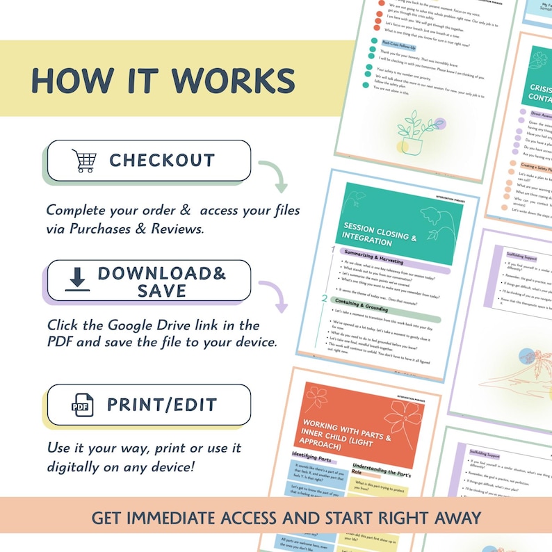 May include: A digital download product with instructions on how to access and use the files. The image includes the text "HOW IT WORKS", "CHECKOUT", "DOWNLOAD & SAVE", and "PRINT/EDIT". The product is designed for digital use.