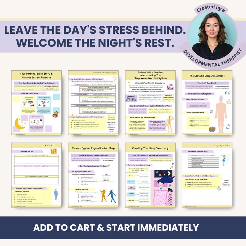Somatic Sleep Toolkit with vagus nerve exercises, polyvagal theory worksheets, and nervous system regulation tools. Includes sleep hygiene routines, calming bedtime practices, somatic breathing techniques, and trauma-informed relaxation guides. Designed for insomnia support, stress and anxiety relief, and better rest. Digital PDF workbook for holistic sleep therapy and mind body healing routines.