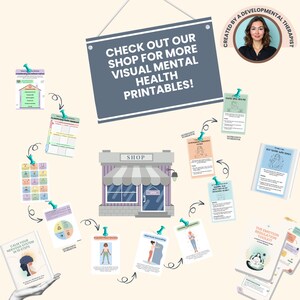May include: An illustration promoting visual mental health printables. A sign reads "CHECK OUT OUR SHOP FOR MORE VISUAL MENTAL HEALTH PRINTABLES!". Various cards and a booklet are pinned around a shop graphic. The booklet is titled "CALM YOUR NERVOUS SYSTEM IN 10 STEPS".