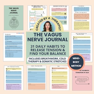 May include: A collection of pages from "The Vagus Nerve Journal" with the title in large text. The journal includes 31 daily habits to release tension and find balance, with breathwork, cold therapy, and somatic stretches. The journal is created by a therapist.