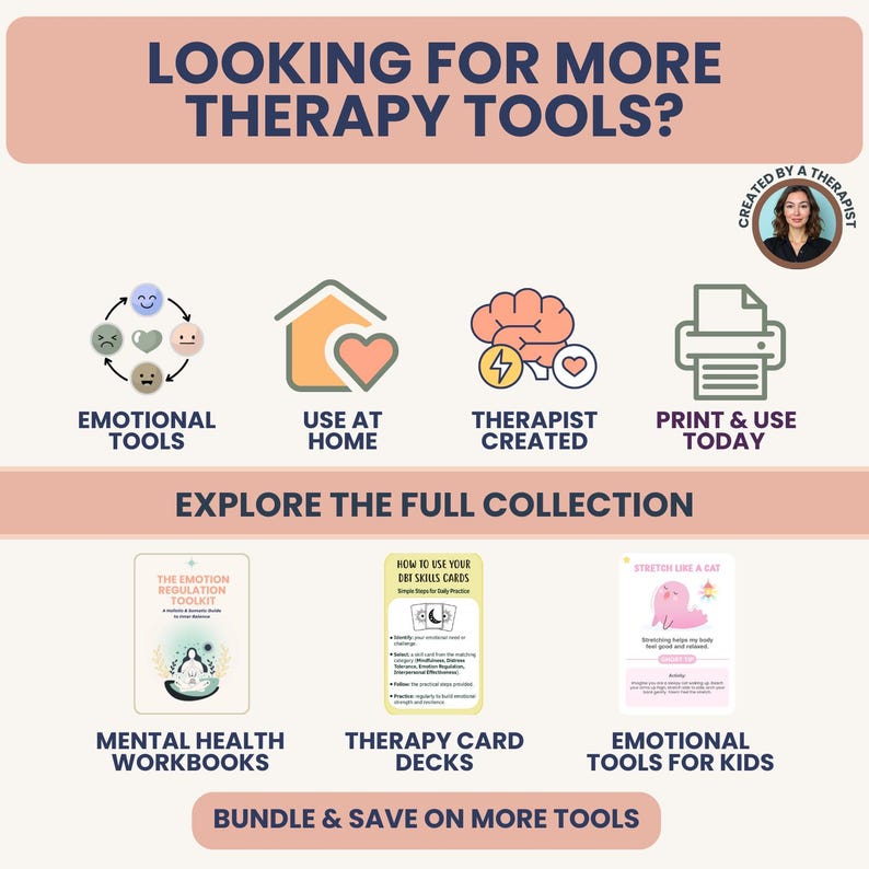 Puede incluir: Gr&aacute;fico promocional con el texto &laquo;&iquest;BUSCAS M&Aacute;S HERRAMIENTAS DE TERAPIA?&raquo; e iconos que representan herramientas emocionales, uso en casa, recursos creados por terapeutas y opciones de impresi&oacute;n en casa. La imagen tambi&eacute;n muestra cuadernos de salud mental, barajas de cartas de terapia y herramientas emocionales para ni&ntilde;os.