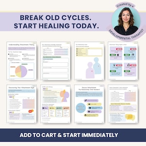 Puede incluir: Un producto digital con hojas de trabajo y gu&iacute;as sobre la teor&iacute;a del apego y las relaciones. La imagen incluye el texto "BREAK OLD CYCLES. START HEALING TODAY." y "ADD TO CART & START IMMEDIATAMENTE."