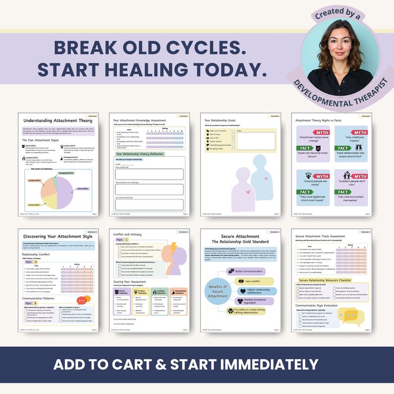 Puede incluir: Un producto digital con hojas de trabajo y gu&iacute;as sobre la teor&iacute;a del apego y las relaciones. La imagen incluye el texto "BREAK OLD CYCLES. START HEALING TODAY." y "ADD TO CART & START IMMEDIATAMENTE."