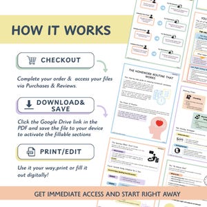 May include: An infographic titled "HOW IT WORKS" with steps for accessing digital files. Includes icons for checkout, download, and print/edit. Accompanying pages detail homework routines, memory tricks, and test anxiety strategies. The overall theme is educational.