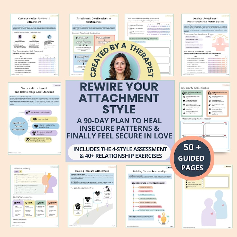 Therapist-designed attachment style workbook with 50+ fillable healing pages. Includes interactive worksheets, in-depth attachment assessments, anxious-avoidant healing tools, and step-by-step guidance to build secure relationships. Visually structured, easy-to-use, and ideal for individuals or therapists working with insecure attachment patterns. Digital download, US Letter & A4 format.