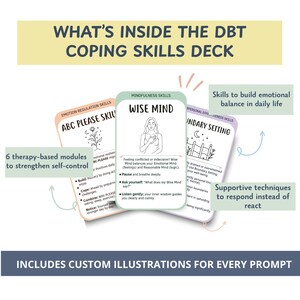DBT therapy cards deck showing 6 complete skill modules for emotional regulation coping skills anxiety depression. Includes 36 professional cards with mindfulness distress tolerance emotion regulation interpersonal effectiveness plus exclusive self-management and reflection tools. Digital download printable therapy resources for personal use and therapist practice. Complete dialectical behavior therapy system.