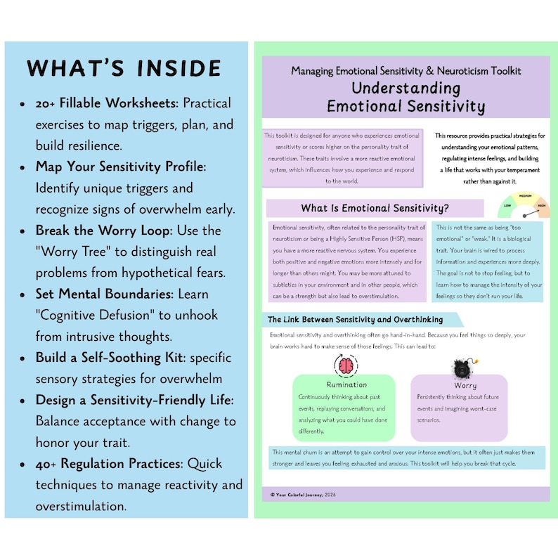 Neuroticism & Emotional Sensitivity Worksheets: Intrusive Thoughts, Worry Cycles, Reactivity (HSP Toolkit)