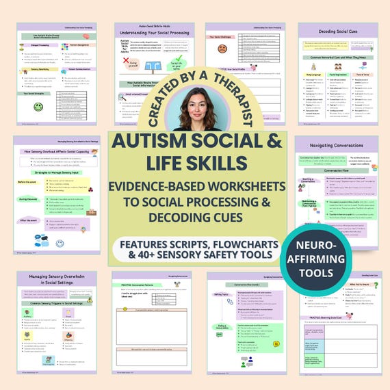 Autism Social & Life Skills Worksheets for Adults, Neurodivergent Communication Tools, Social Cues, Sensory Support (Fillable Workbook)