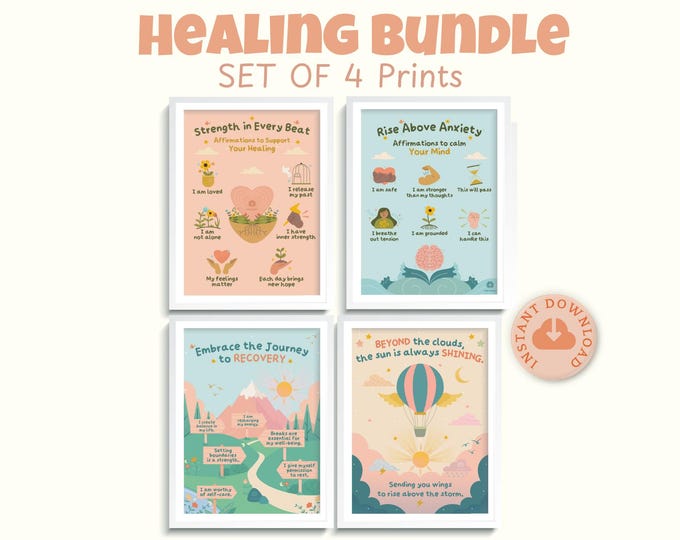 Healing Digital Wall Art for Anxiety & Depression, 4-Poster Bundle with CBT and DBT Therapy Inspired Affirmations, Positive Mindset Art