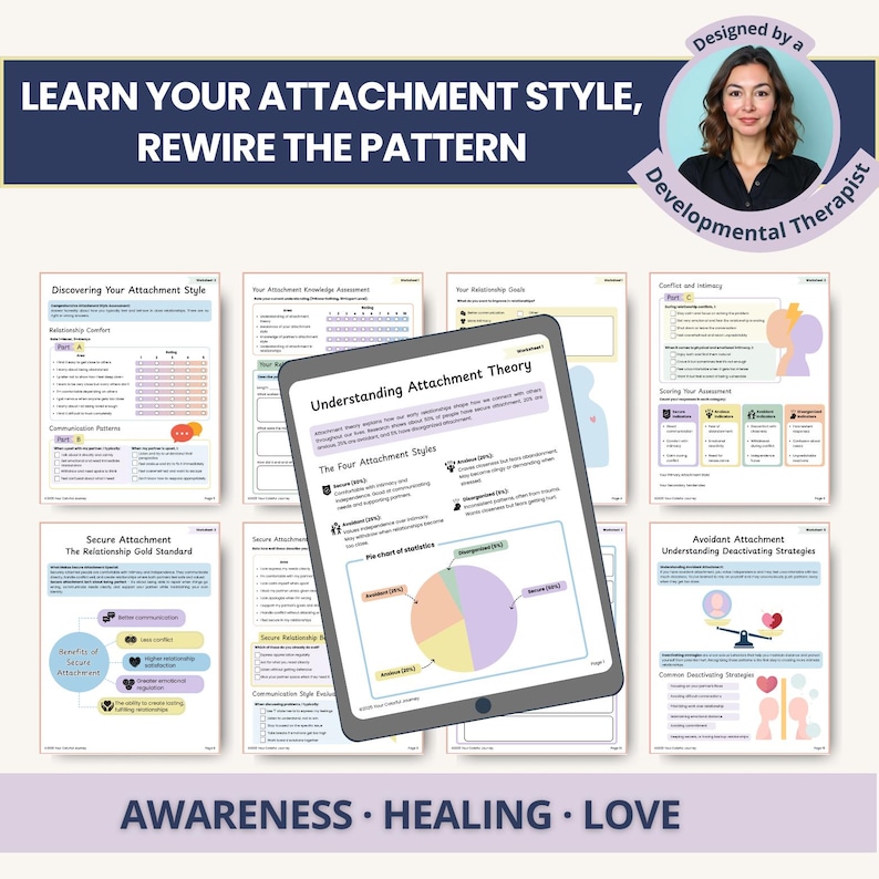 Therapist-designed attachment style workbook with 50+ fillable healing pages. Includes interactive worksheets, in-depth attachment assessments, anxious-avoidant healing tools, and step-by-step guidance to build secure relationships. Visually structured, easy-to-use, and ideal for individuals or therapists working with insecure attachment patterns. Digital download, US Letter & A4 format.
