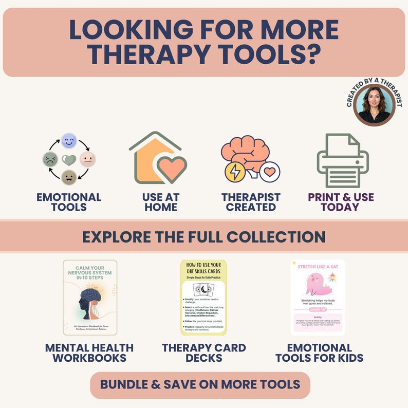May include: An advertisement for therapy tools, with icons and product images. The text reads "Looking for More Therapy Tools?" and includes categories like "Emotional Tools" and "Mental Health Workbooks."