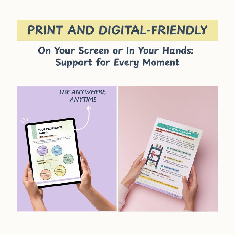 May include: A digital tablet and a printed document are held in hands against a light purple and pink background. The tablet displays a diagram with the text "YOUR PROTECTOR PARTS". The printed document is titled "THE POLYVAGAL LADDER". The image includes the text "PRINT AND DIGITAL-FRIENDLY".