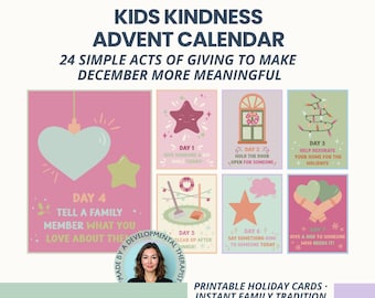 Kindness Advent Calendar Kids: 24 Illustrated Activity Cards to Build Gratitude Connection & Holiday Joy at Home or School (Printable PDF)