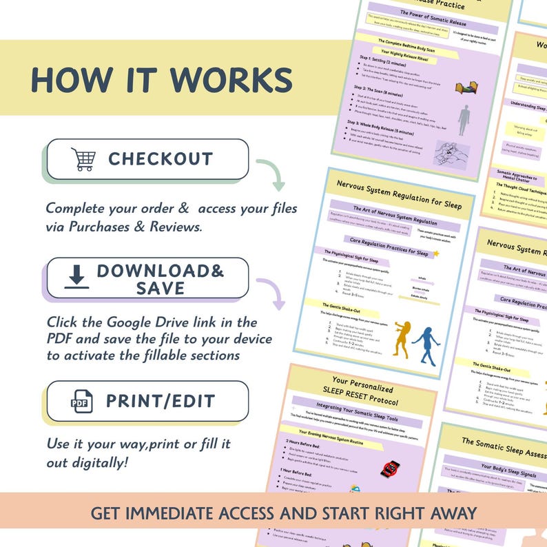 Somatic Sleep Toolkit with vagus nerve exercises, polyvagal theory worksheets, and nervous system regulation tools. Includes sleep hygiene routines, calming bedtime practices, somatic breathing techniques, and trauma-informed relaxation guides. Designed for insomnia support, stress and anxiety relief, and better rest. Digital PDF workbook for holistic sleep therapy and mind body healing routines.