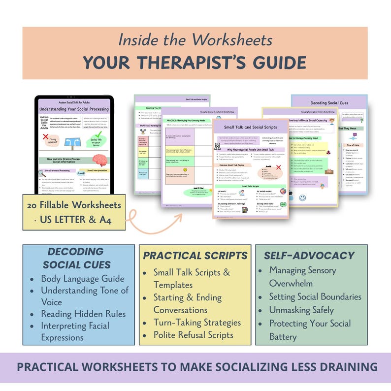 Autism Social Skills Worksheets for Adults, Neurodivergent Communication Tools, Social Cues, Sensory Overload Support (Fillable Workbook)