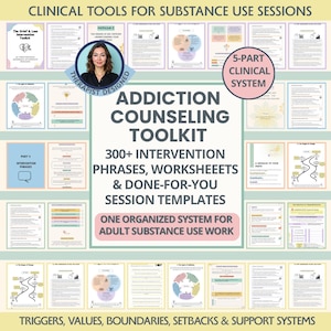 May include: An addiction counseling toolkit featuring over 300 intervention phrases, worksheets, and session templates. The collection includes clinical tools for substance use sessions, organized into a 5-part system covering triggers, values, boundaries, setbacks, and support systems.