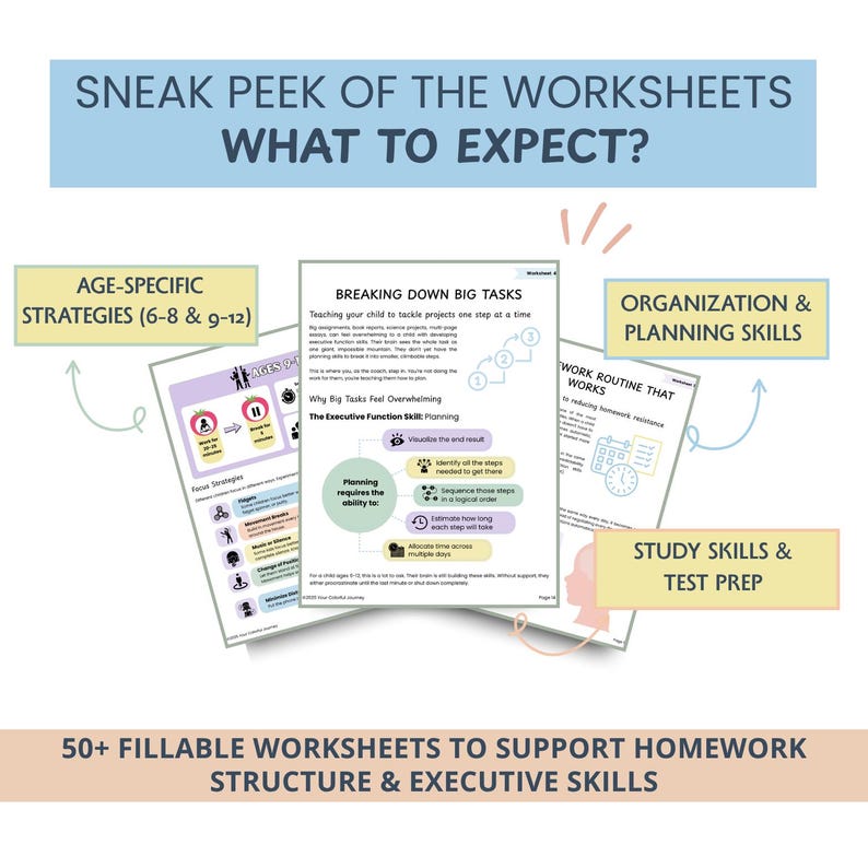 Executive Function Homework Toolkit for Parents & Educators: ADHD Study Skills, Time Management (Fillable Worksheets)