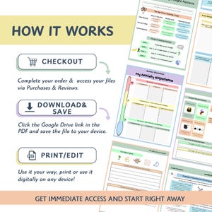 May include: A digital download graphic with the text "HOW IT WORKS" and instructions for purchasing, downloading, and printing. The image includes worksheets on anxiety and thought patterns, with the text "My Anxiety Experience".