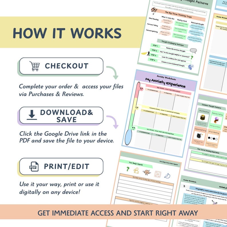 May include: A digital download graphic with the text "HOW IT WORKS" and instructions for purchasing, downloading, and printing. The image includes worksheets on anxiety and thought patterns, with the text "My Anxiety Experience".