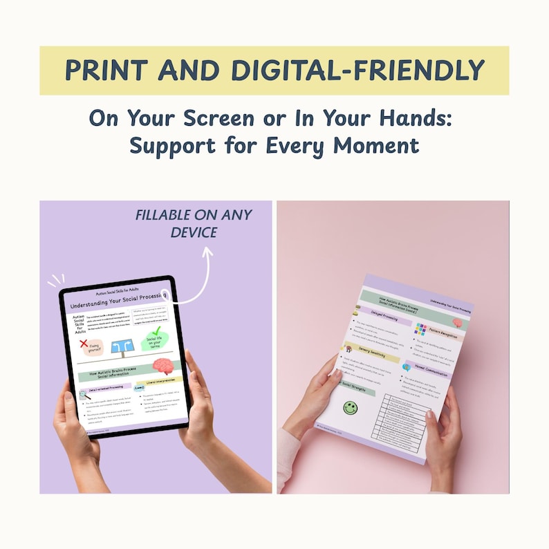 May include: An image showcasing print and digital-friendly resources. One side displays a tablet with a document titled "Understanding Your Social Process." The other side shows a printed document. Text includes "Fillable on any device."