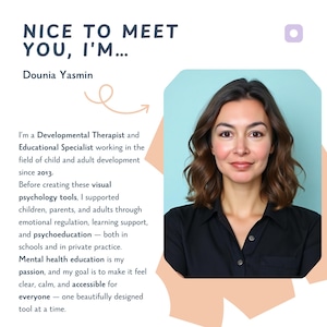 May include: A headshot of a woman with brown hair and a black shirt. Text reads "NICE TO MEET YOU, I'M... Dounia Yasmin." The text below describes her as a Developmental Therapist and Educational Specialist.