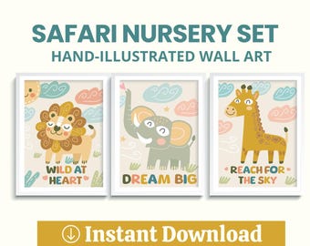 Hand-Illustrated Safari Nursery Print Set of 3: Lion, Elephant & Giraffe (Printable Wall Art)