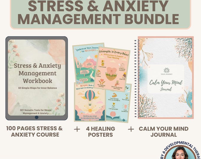 Nervous System Regulation Bundle, 200+ Pages Stress Management Anxiety Relief Workbook, Journal + Affirmation Posters,Grounding techniques