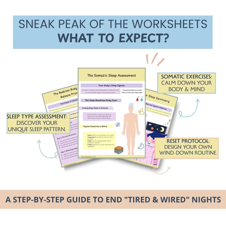 Sleep Hygiene Worksheets: Somatic Exercises & Sleep Habits for Insomnia, Deep rest, Stress Relief (PDF)