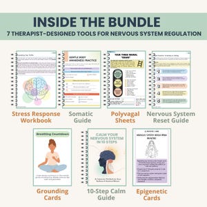 Mock up of nervous system regulation mega bundle: polyvagal theory, grounding techniques to end survival mode (therapy workbooks & cards)