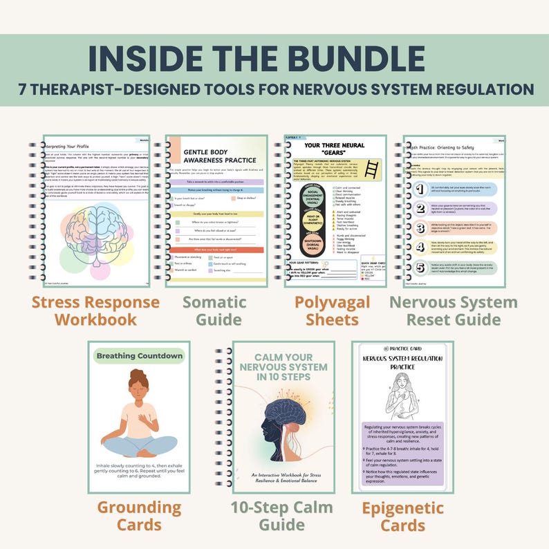 Mock up of nervous system regulation mega bundle: polyvagal theory, grounding techniques to end survival mode (therapy workbooks & cards)