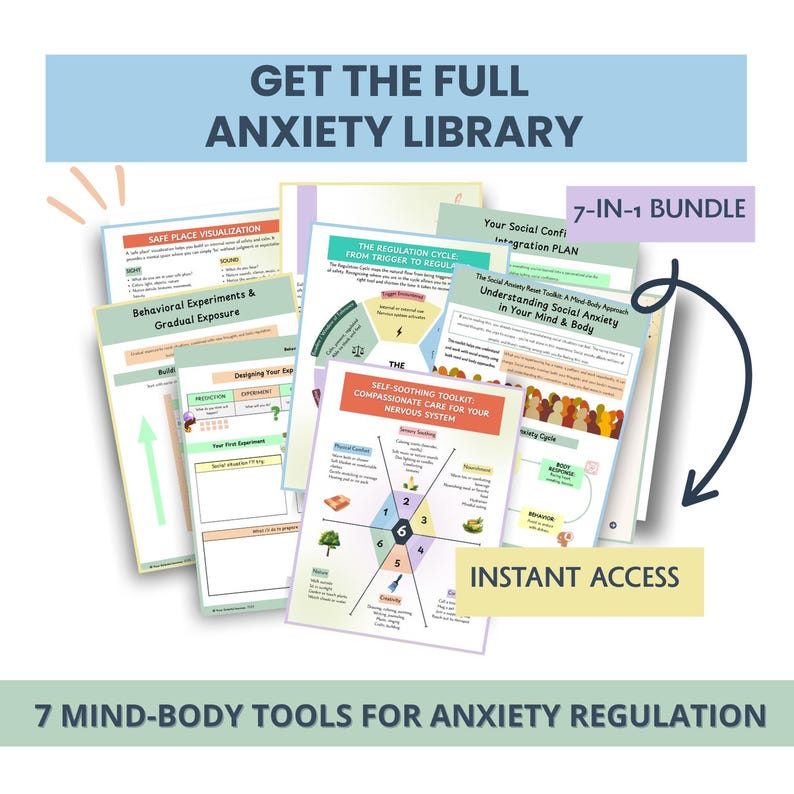 May include: A bundle of seven mind-body tools for anxiety regulation. The image features several colorful worksheets with titles like "Safe Place Visualization" and "Self-Soothing Toolkit." Text includes "Get the Full Anxiety Library" and "7-in-1 Bundle."
