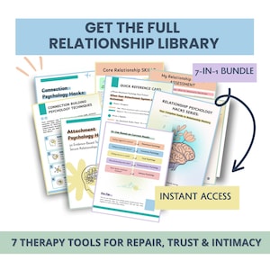 May include: A selection of relationship psychology guides and tools. The image shows various booklets, including "Connection Psychology Hacks" and "Relationship Psychology Hacks Series." Text includes "7-in-1 Bundle" and "Instant Access."