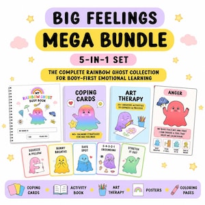 May include: A 5-in-1 educational bundle titled Big Feelings Mega Bundle featuring a spiral-bound busy book, coping cards, an art therapy guide, and an anger management poster. The set includes colourful illustrations of ghosts and instructional text.