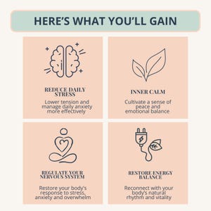 May include: A graphic with the text "HERE'S WHAT YOU'LL GAIN" at the top. Below are four boxes with illustrations and text: Reduce Daily Stress, Inner Calm, Regulate Your Nervous System, and Restore Energy Balance. The background is a light peach color.