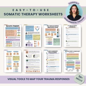 Somatic Therapy Worksheets and cheat sheets for nervous system regulation, anxiety relief, and trauma coping. Includes visual Polyvagal Theory tools, vagus nerve exercises, calming body-awareness charts, and therapist-designed resources for instant stress reduction. Clear graphics simplify complex emotional responses for clients and therapists.