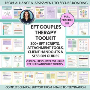 May include: A collection of colorful, printed pages with text and graphics, designed as a toolkit for EFT couples therapy. The image includes the text "EFT COUPLES THERAPY TOOLKIT" and "300+ EFT SCRIPTS, ATTACHMENT TOOLS, CLIENT HANDOUTS & SESSION GUIDES."
