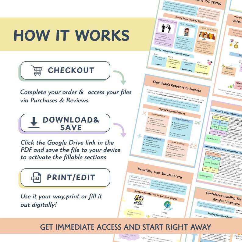 May include: A digital product guide with the title "HOW IT WORKS" in a light yellow banner. The guide includes steps for checkout, download, and printing. The guide also features several pages with text and graphics, including "Your Body's Response to Success."