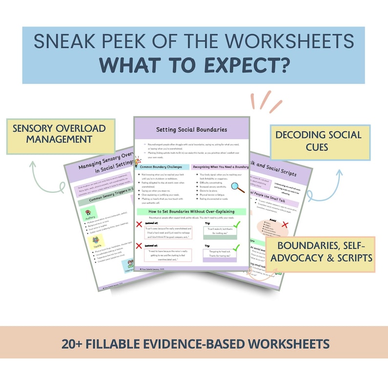 Autism Social Skills Worksheets for Adults, Neurodivergent Communication Tools, Social Cues, Sensory Overload Support (Fillable Workbook)