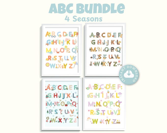 4 Seasons ABC Prints Classroom Bundle Educational Alphabet Chart Digital Learning Set Montessori Teacher Decor Homeschool Printable Kids PNG