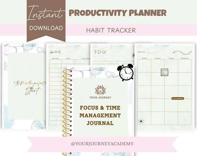 Productivity and Time Management Planner and Journal, printable Productivity Journal, Habit Tracker, Digital PDF, digital productive journal