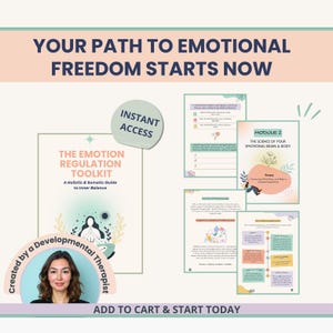 Puede incluir: Un kit de herramientas digital para la regulaci&oacute;n emocional. La portada dice "The Emotion Regulation Toolkit: A Holistic & Somatic Guide to Inner Balance." La imagen incluye una foto de la creadora, una terapeuta del desarrollo, y el texto "Your Path to Emotional Freedom Starts Now."