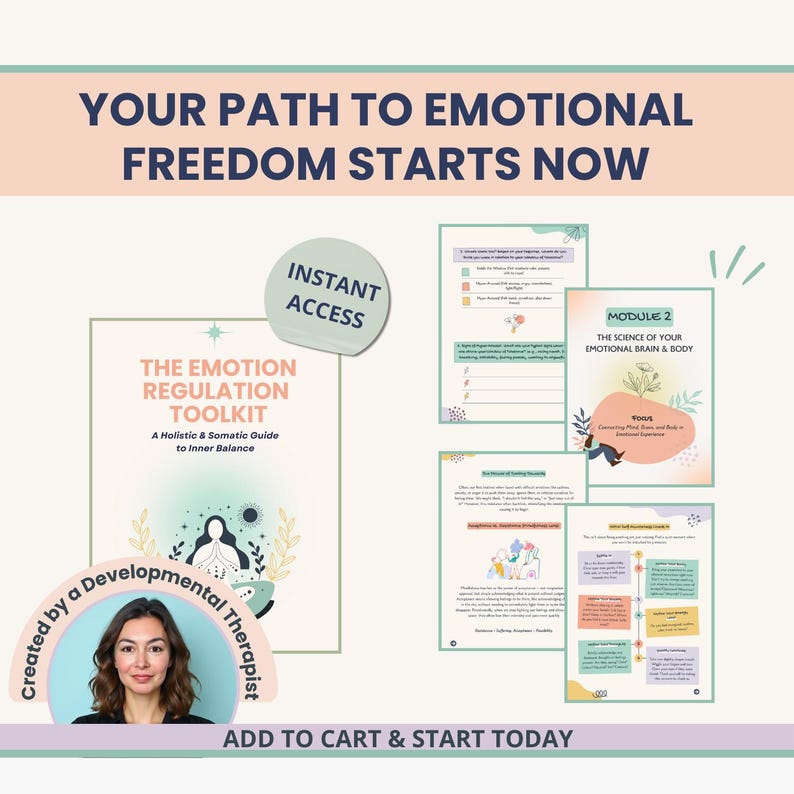 Puede incluir: Un kit de herramientas digital para la regulaci&oacute;n emocional. La portada dice "The Emotion Regulation Toolkit: A Holistic & Somatic Guide to Inner Balance." La imagen incluye una foto de la creadora, una terapeuta del desarrollo, y el texto "Your Path to Emotional Freedom Starts Now."