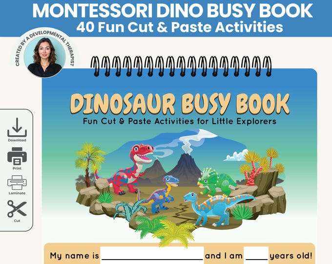 Dinosaur Busy Book for Preschool, Montessori Cut & Paste Activities, Toddler Printable Dino Workbook, Educational Gift for Kids Ages 3-6