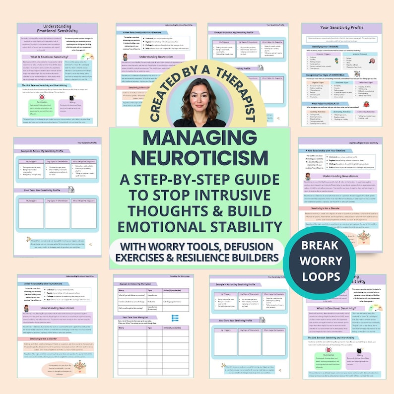Neuroticism & Emotional Reactivity Worksheets: CBT Tools for Worry Cycles, Intrusive Thoughts (Digital Download)